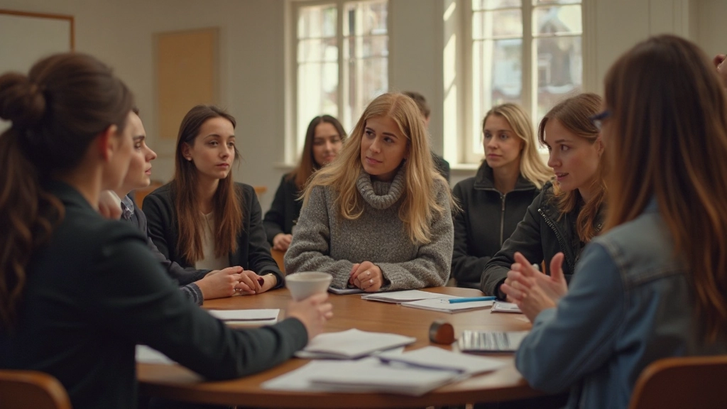 Groep diverse studenten in Nederlands taalles, zittend in cirkel en met elkaar sprekend