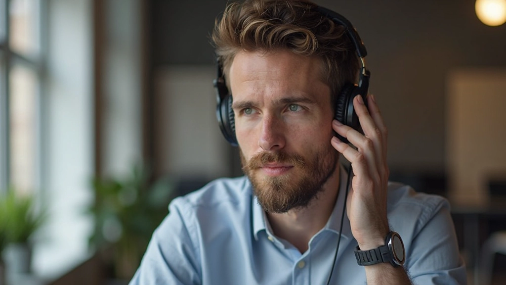 Jonge man luistert via koptelefoon naar Nederlandse podcast, noteboek en pen op bureau, concentratie op gezicht