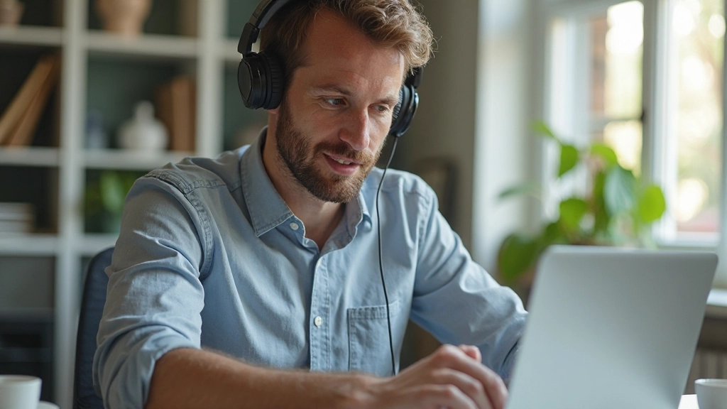 Man met koptelefoon luistert naar Nederlandse les, concentratie en plezier zichtbaar op gezicht