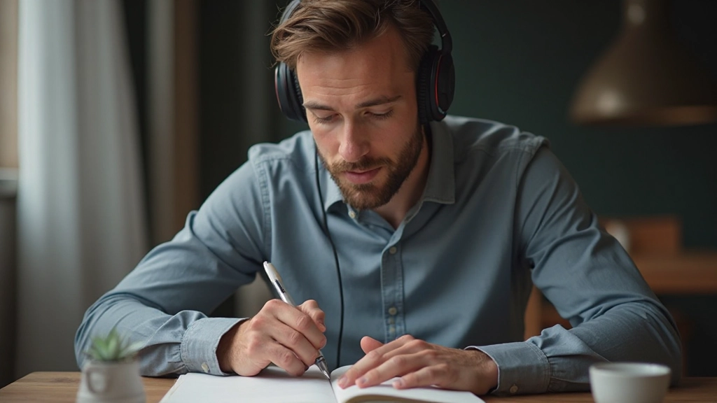 Man luistert naar koptelefoon terwijl hij Nederlands studeert, concentratie op gezicht