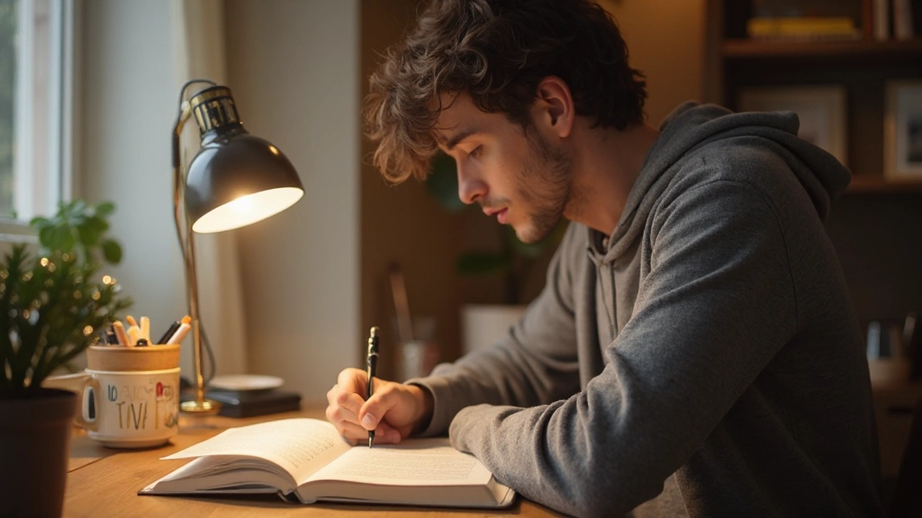 Student maakt aantekeningen in Nederlands leerboek aan bureau thuis