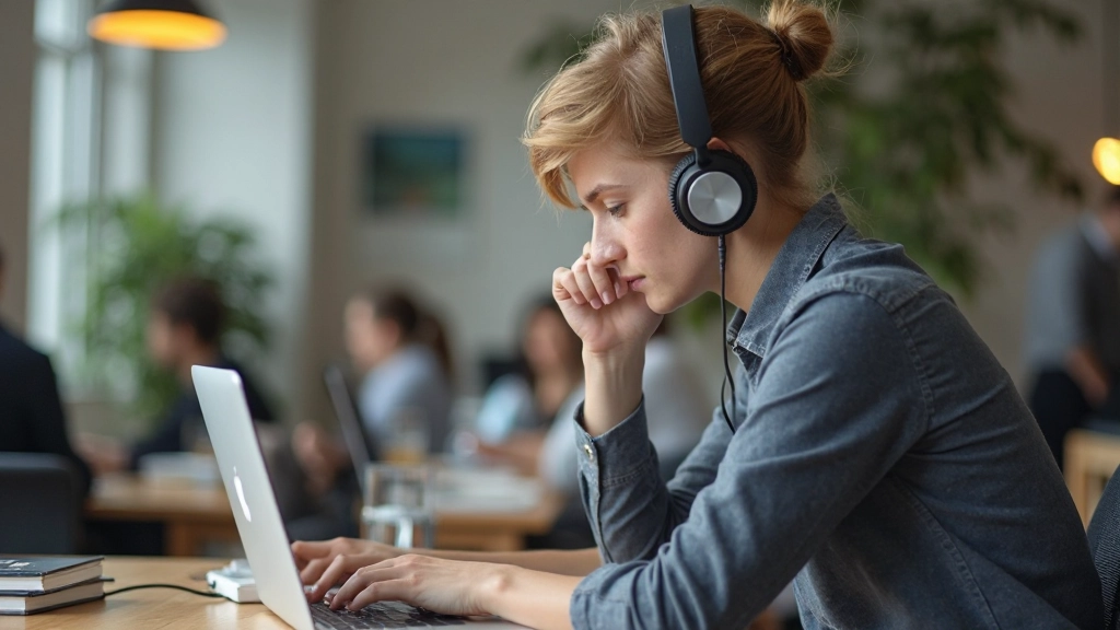 Jonge student zit voor laptop met koptelefoon, neemt Nederlands uitspraak feedback aan, concentratie zichtbaar