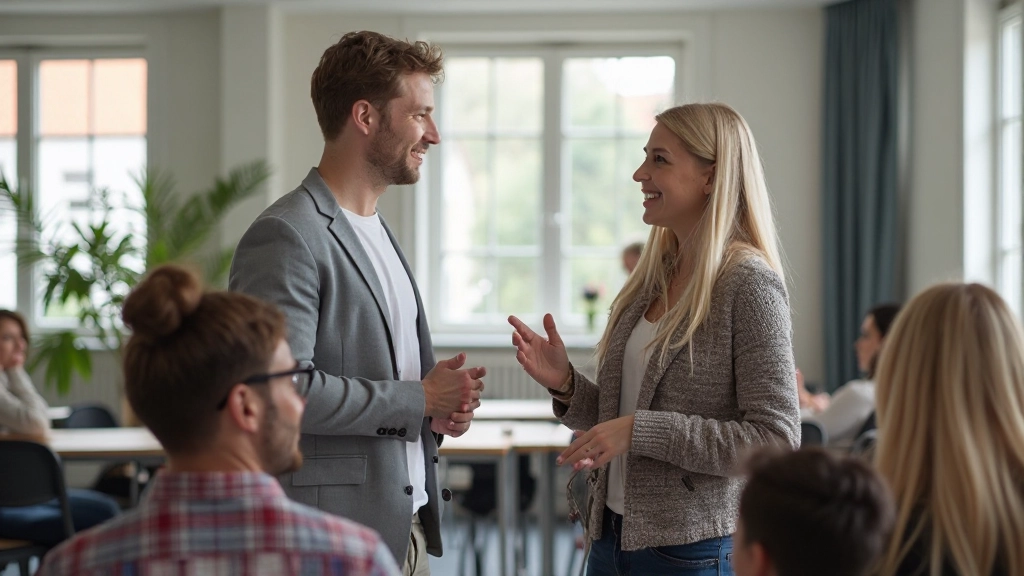 Twee mensen oefenen Nederlands conversatie in moderne taalschool met whiteboard en aantekeningen