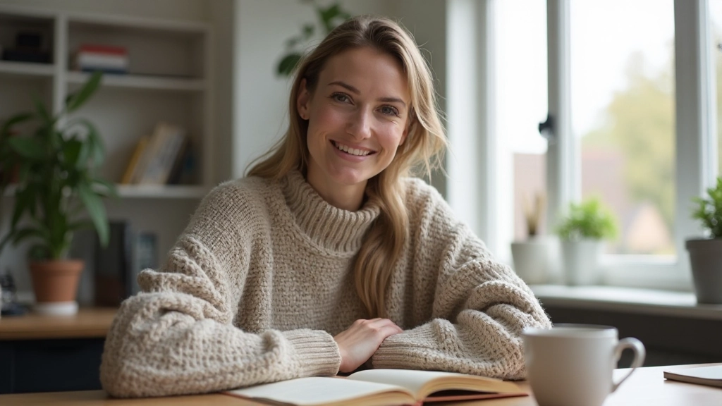 Vrouw zit aan bureau met Nederlands leerboek en koffiekopje, glimlacht naar camera