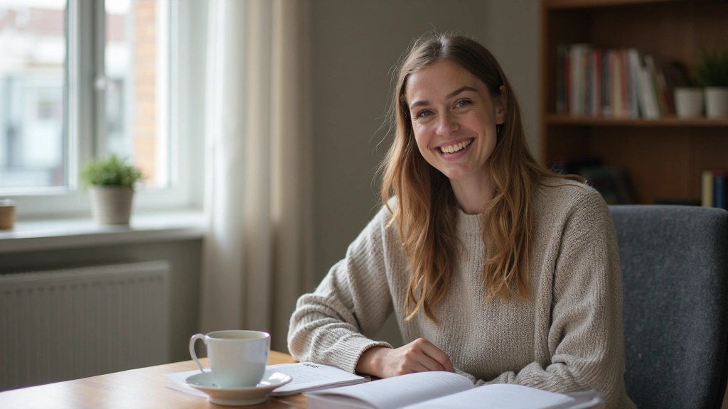 Vrouw aan bureau studeert Nederlands met boeken en koptelefoon, concentratie op gezicht