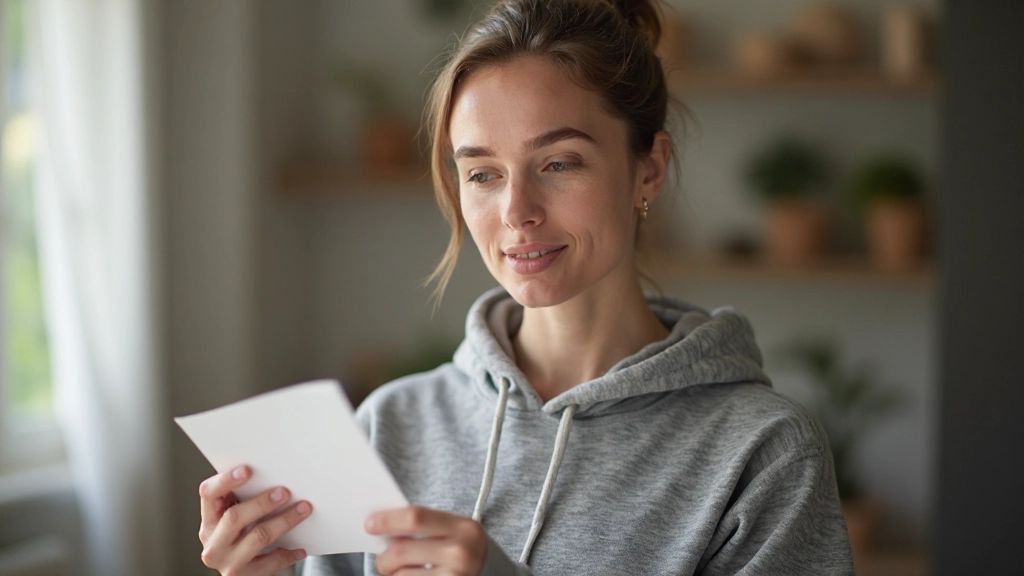 Vrouw houdt flashcard omhoog met Nederlands woord, oefent uitspraak met spiegel achtergrond, concentratie zichtbaar