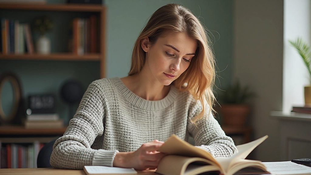 Vrouw van 32 jaar, volledig gekleed in casual kleding, zit in heldere kamer en leest Nederlands tekstboek met aandacht en concentratie